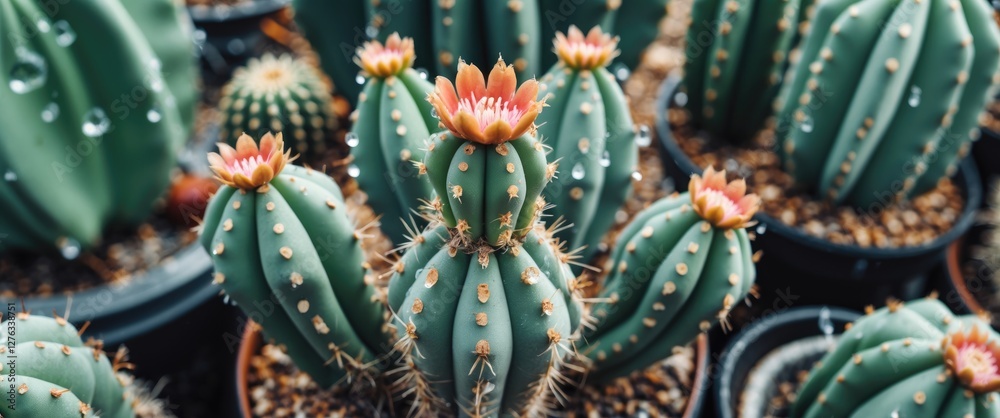 Obraz premium Colorful flowering cacti in pots with water droplets on spiky surface captured in close-up detail indoors