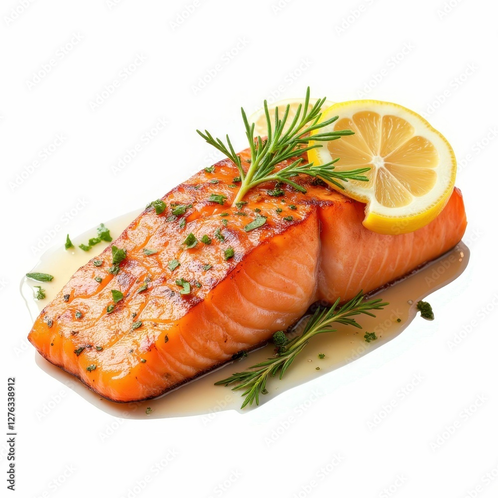 Grilled Salmon Slice Garnished with Lemon and Rosemary Sprigs Food Presentation Cuisine Delicious Meal Grilled Salmon Slice Garnished with Lemon and Rosemary Sprigs Food Presentation Cuisine Delicious Meal