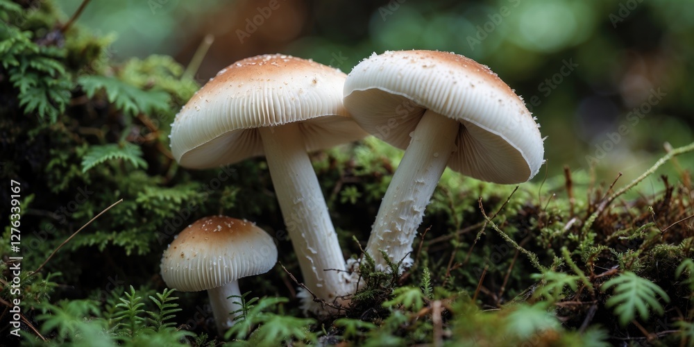 Mushrooms growing among green ferns in a forest setting with a blurred background and natural lighting Mushrooms growing among green ferns in a forest setting with a blurred background and natural lighting
