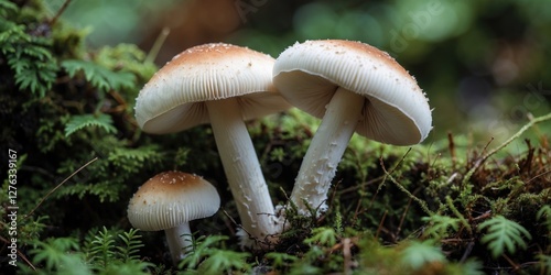 Mushrooms growing among green ferns in a forest setting with a blurred background and natural lighting