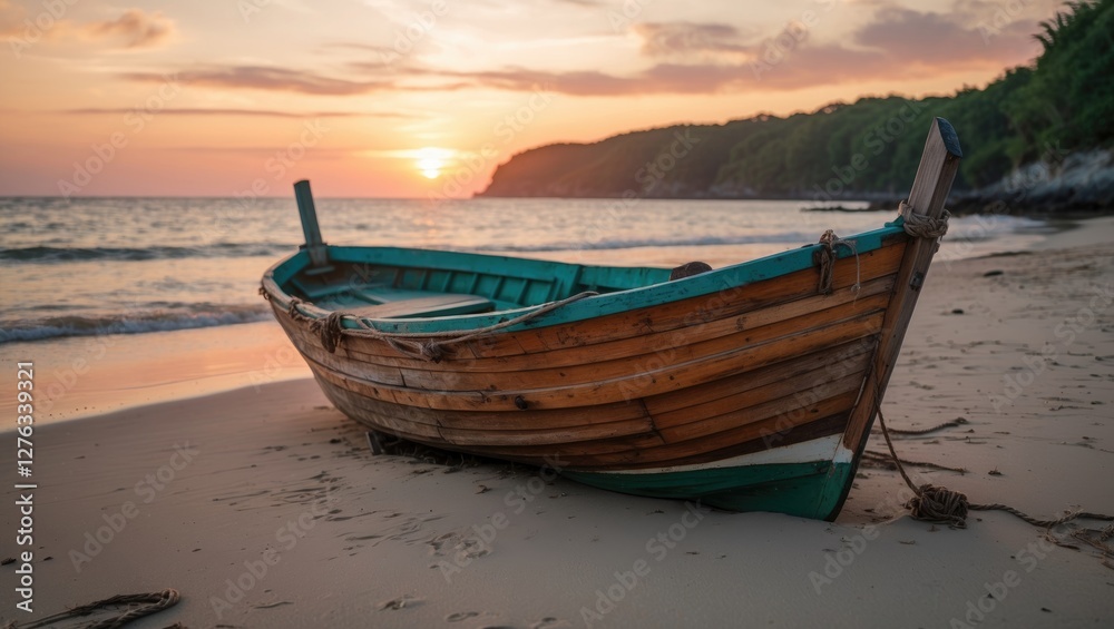 wooden boat on sandy beach at sunset with gentle waves and lush green hills in the background wooden boat on sandy beach at sunset with gentle waves and lush green hills in the background