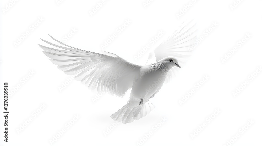 Obraz premium Elegant white dove in flight with outstretched wings on a pure white background