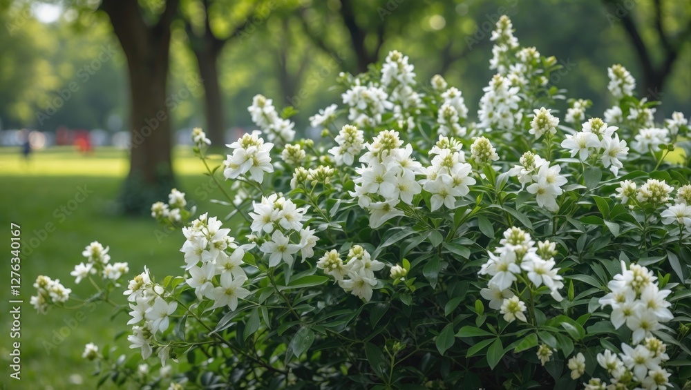 White flowering shrubs in a park setting with blurred greenery in the background during daylight.