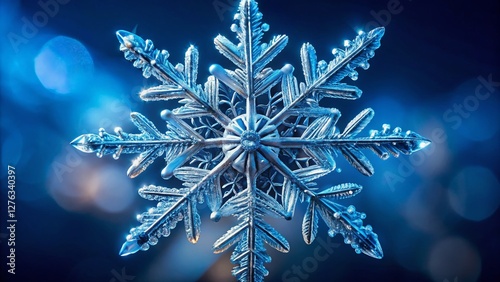 Single Six-Pointed Snowflake with Circle on Blue Background - High Resolution Stock Photo