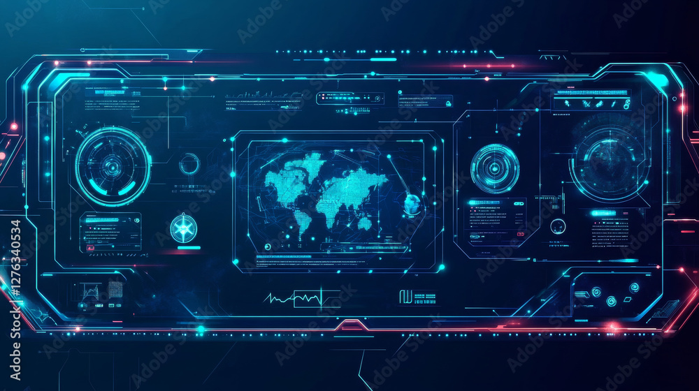 Screen with futuristic game or application vector illustration. Doing researches banner, poster. Touching icons on screen. Getting information about environment. Map background. Screen with futuristic game or application vector illustration. Doing researches banner, poster. Touching icons on screen. Getting information about environment. Map background.