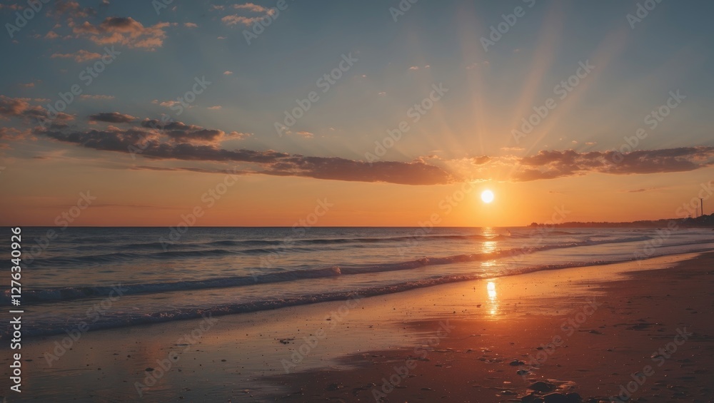 sunset over calm ocean waves with golden beach reflecting sunlight and clouds in the sky during twilight hours sunset over calm ocean waves with golden beach reflecting sunlight and clouds in the sky during twilight hours