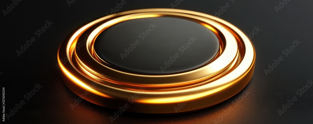 Elegant golden circular modern button on black surface with smooth, shiny reflections Elegant golden circular modern button on black surface with smooth, shiny reflections