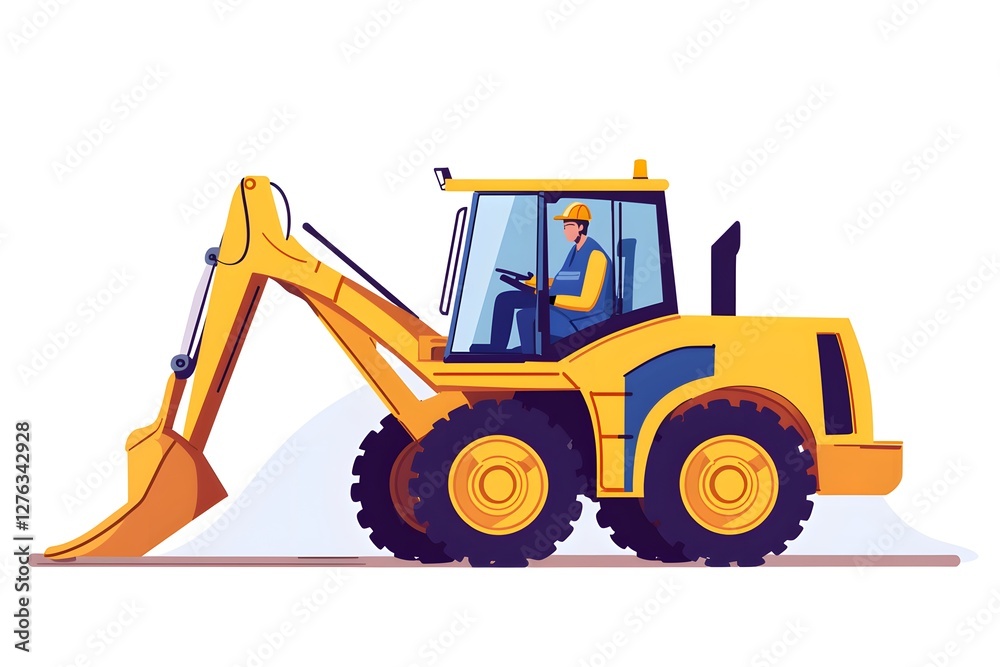 Fototapeta premium Construction Worker Operating Yellow Excavator Heavy Machinery Digger Earthmoving Equipment