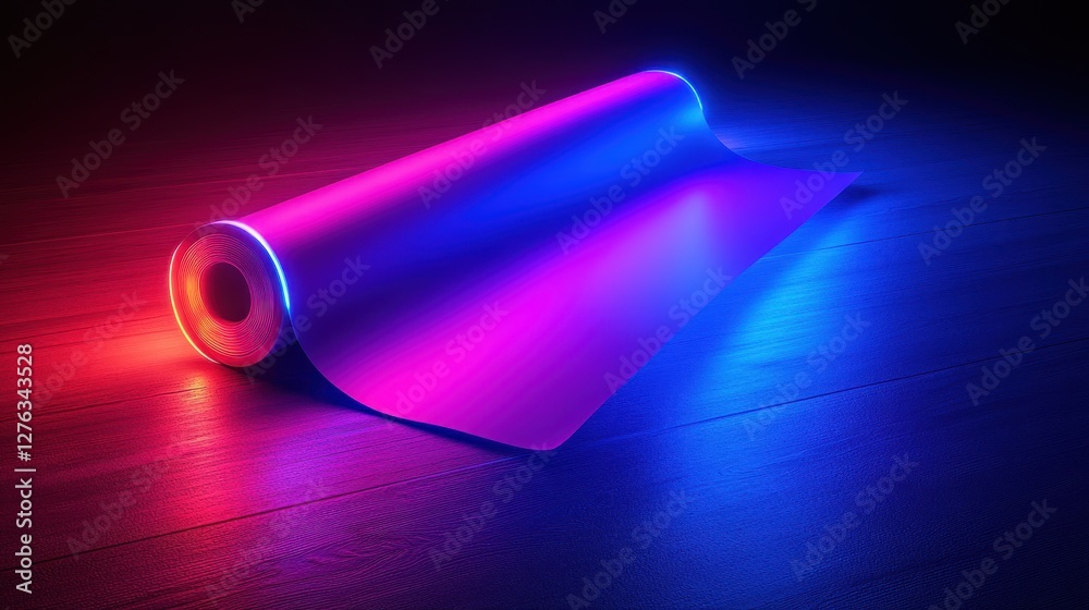 Neon lit roll of paper on wooden floor with vivid red and blue glows Neon lit roll of paper on wooden floor with vivid red and blue glows