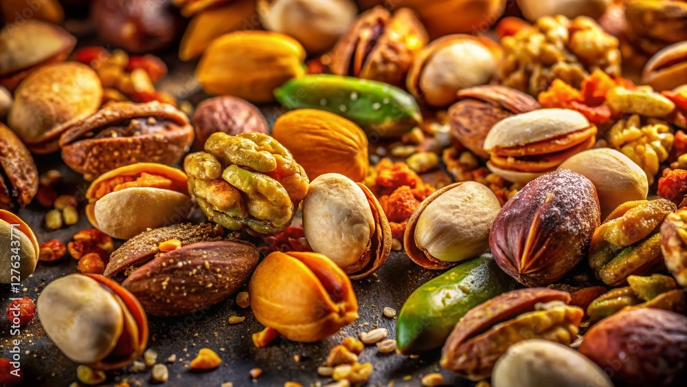 Spicy Salted Pistachios & Mixed Nuts Summer Snack, Low Light Photography Spicy Salted Pistachios & Mixed Nuts Summer Snack, Low Light Photography