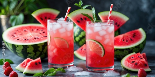 Wallpaper Mural Refreshing watermelon drinks served in clear glasses with ice, garnished with lime and mint, surrounded by watermelon slices and raspberries Torontodigital.ca