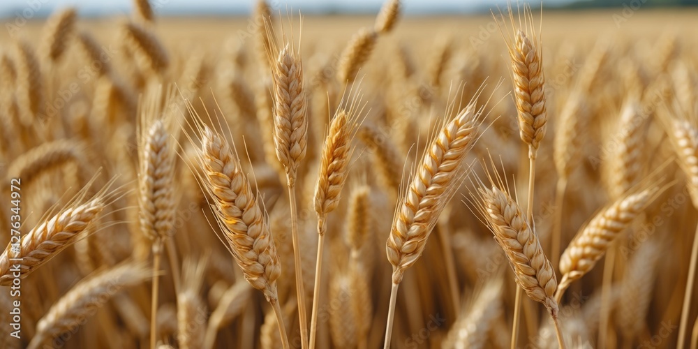 Fototapeta premium Golden wheat field close-up with ripening stalks under blue sky during summer season. Agriculture and crop harvesting concept.