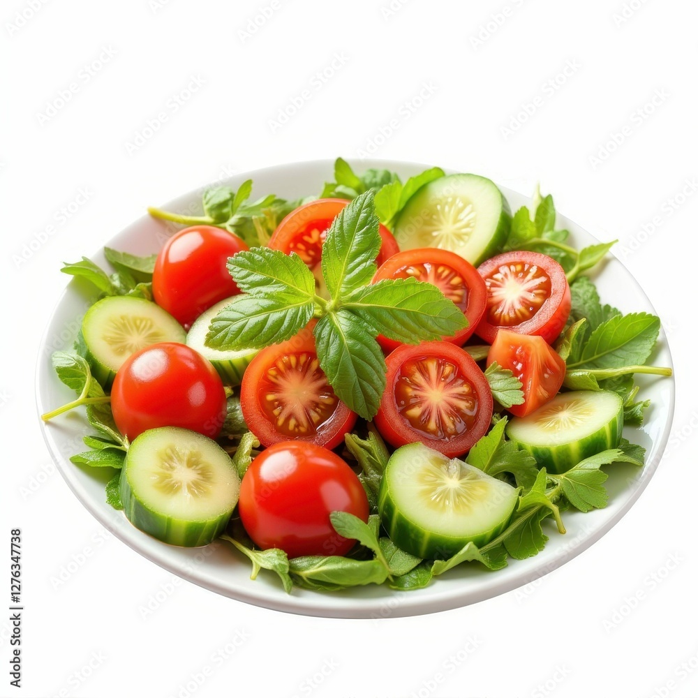 Fresh Salad with Tomatoes and Cucumbers on a Plate Healthy Food Vegetarian Delight Simple Dish Fresh Salad with Tomatoes and Cucumbers on a Plate Healthy Food Vegetarian Delight Simple Dish