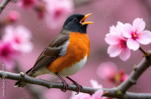 spring nature background with American Robin and cherry blossom sakura. a bird sings on a tree branch photo