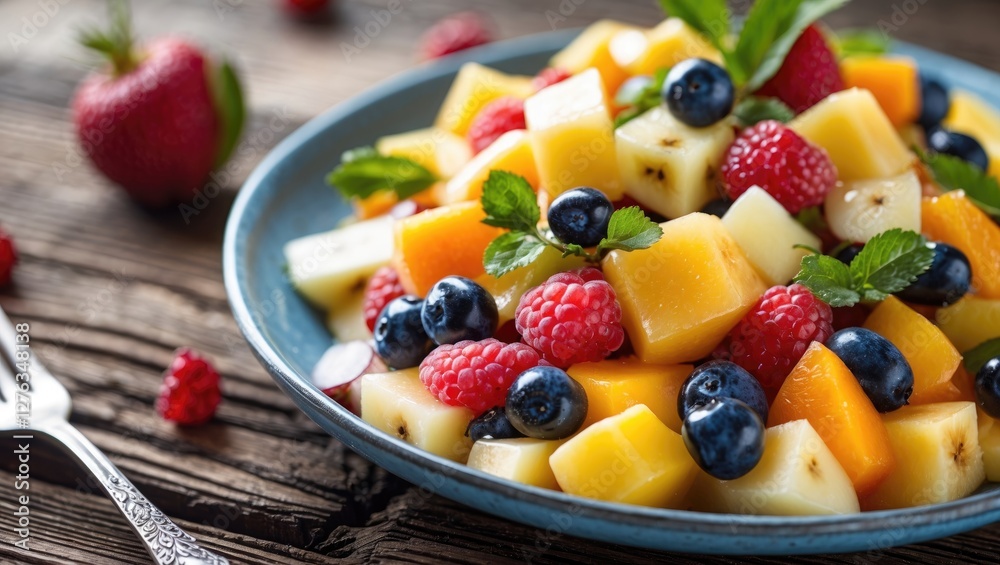 Colorful fruit salad with mixed berries and melon served in a blue bowl on wooden table with fresh strawberries and mint leaves Colorful fruit salad with mixed berries and melon served in a blue bowl on wooden table with fresh strawberries and mint leaves
