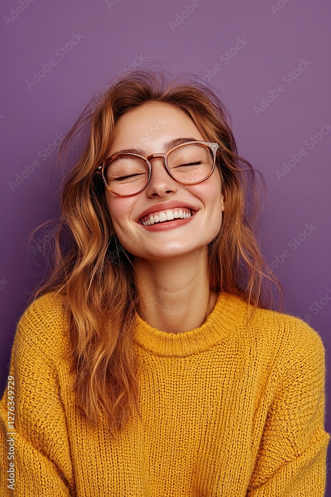 Isolated portrait of happy woman with toothy smile, closes eyes, enjoys good compliment, wears glasses and yellow jumper, stands over purple wall. Isolated portrait of happy woman with toothy smile, closes eyes, enjoys good compliment, wears glasses and yellow jumper, stands over purple wall.