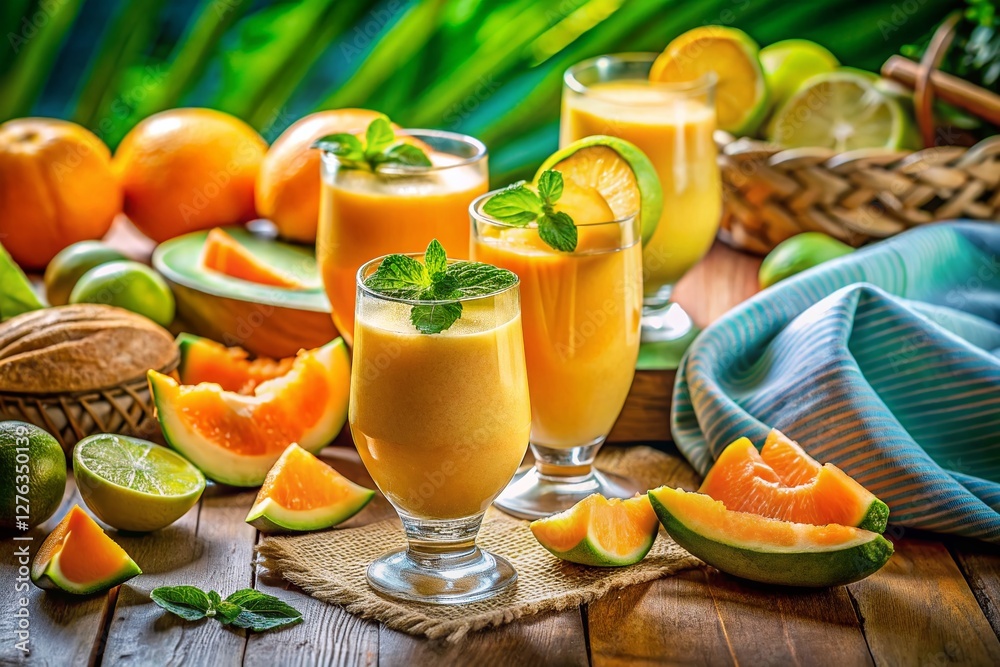Sunlit Summer Refreshment: Cantaloupe Smoothie & Citrus Fruits on Silk Sunlit Summer Refreshment: Cantaloupe Smoothie & Citrus Fruits on Silk