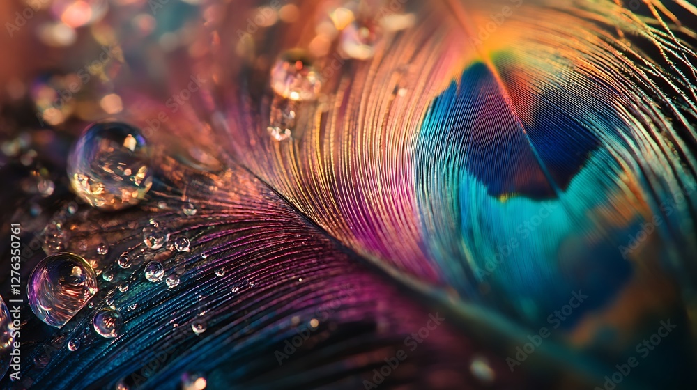 Naklejka premium Macro View of a Vibrant Peacock Feather with Water Droplets