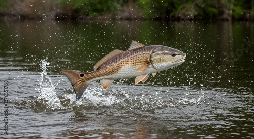 Redfish Leaping Out of Water with Splashes in Estuary Environment