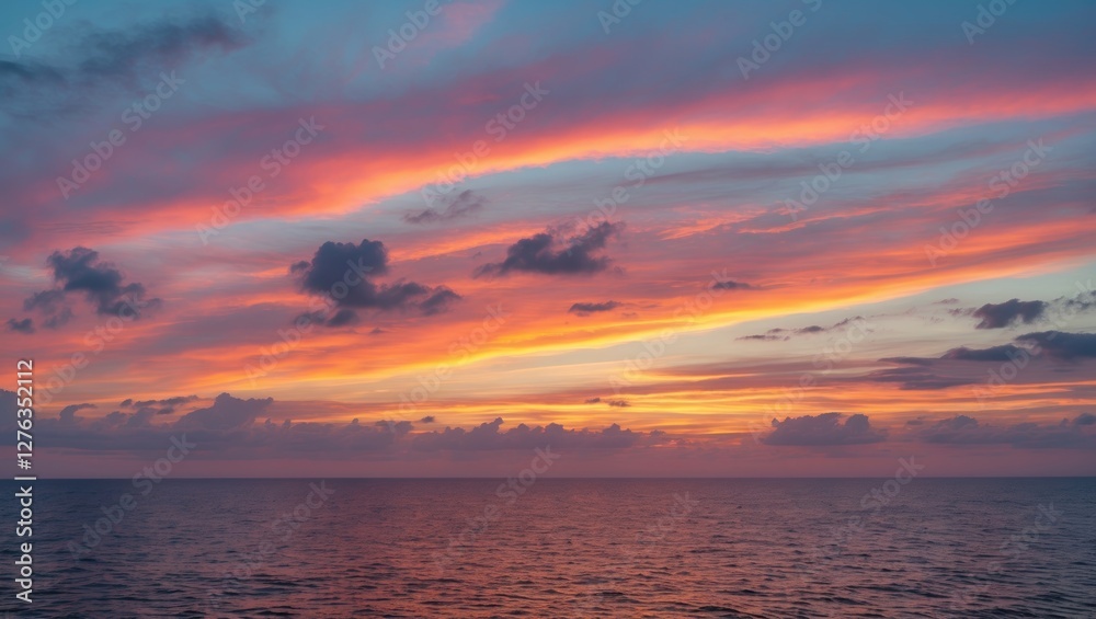 Naklejka premium Colorful sunset over ocean with vibrant clouds and water reflections during twilight hours.