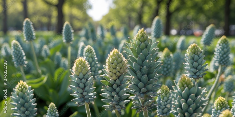 Close-up view of lush green plants with conical flower buds in a sunlit environment showcasing a natural landscape. Close-up view of lush green plants with conical flower buds in a sunlit environment showcasing a natural landscape.