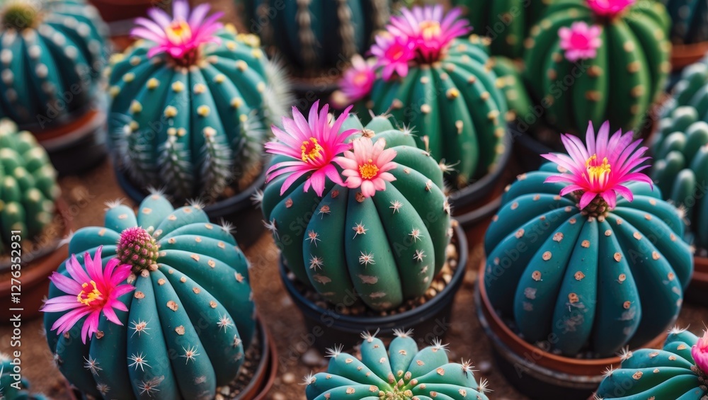 Colorful cacti with flowers in pots arranged in a garden setting under natural light. Colorful cacti with flowers in pots arranged in a garden setting under natural light.