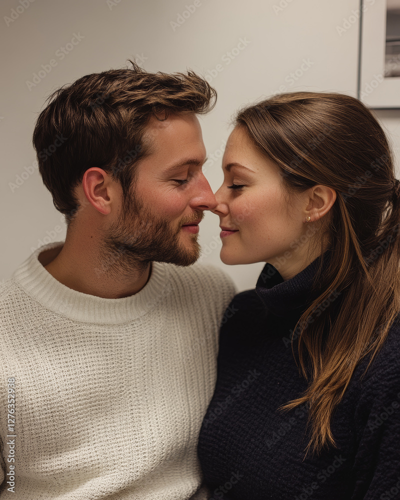 An intimate moment is captured as a couple gently touches noses, expressing affection and closeness. Their eyes are closed, creating a sense of peace. An intimate moment is captured as a couple gently touches noses, expressing affection and closeness. Their eyes are closed, creating a sense of peace.