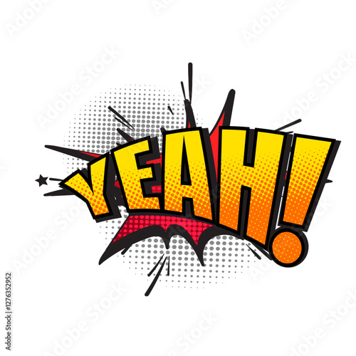 Pop art comic book speech bubble with cute vintage strip layout, explosion cloud message, with text YEAH