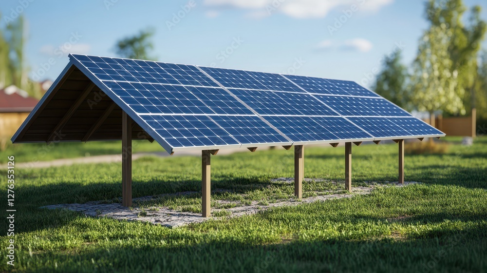 Solar panels in a green landscape on a sunny day with trees in the background Solar panels in a green landscape on a sunny day with trees in the background