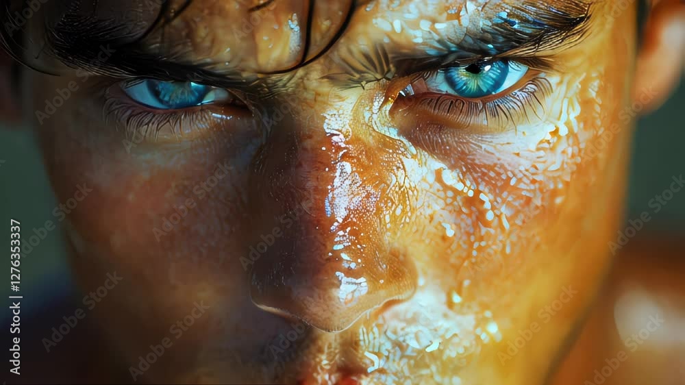 Close-up portrait of a young man with blue eyes and wet, sweaty skin, illuminated dramatically