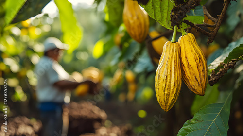 A Farmer Harvesting Ripe Yellow Cacao Pods on a Sunny Day in a Lush Green Cocoa Plantation