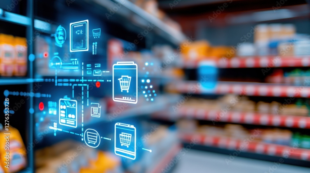 Digital shopping revolution grocery store visual technology retail environment close-up view smart marketing concept Digital shopping revolution grocery store visual technology retail environment close-up view smart marketing concept