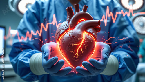 Medical pro holds glowing virtual heart cardio health care concept.  photo