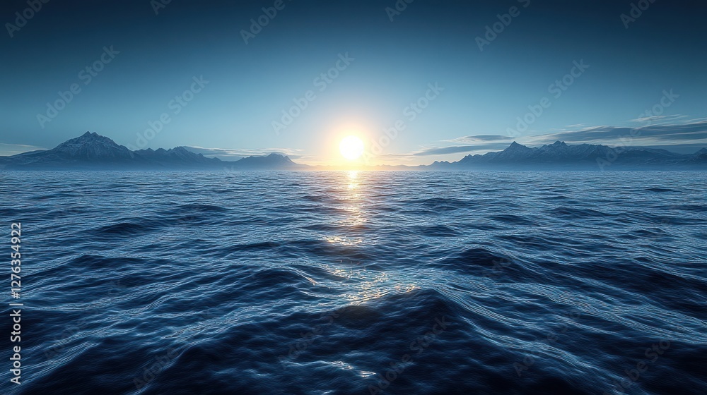 Fototapeta premium Ocean sunset, mountains, calm sea, travel, background