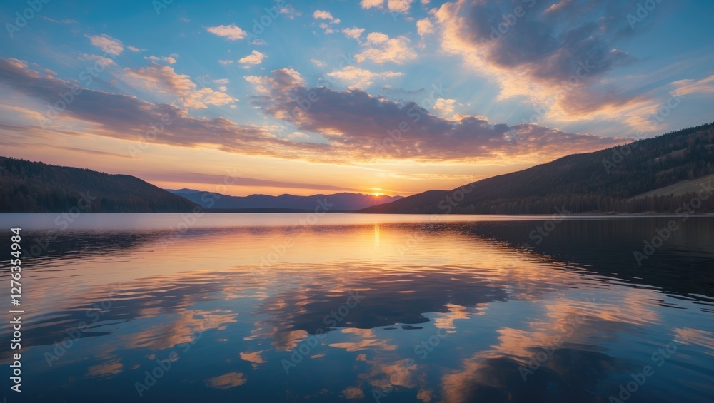 Lake landscape at sunset with colorful sky and mountain reflections on tranquil water surface in autumn scenery Lake landscape at sunset with colorful sky and mountain reflections on tranquil water surface in autumn scenery