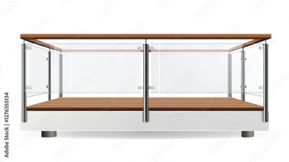 Modern glass display case with wooden base and stainless steel frame for exhibits Modern glass display case with wooden base and stainless steel frame for exhibits