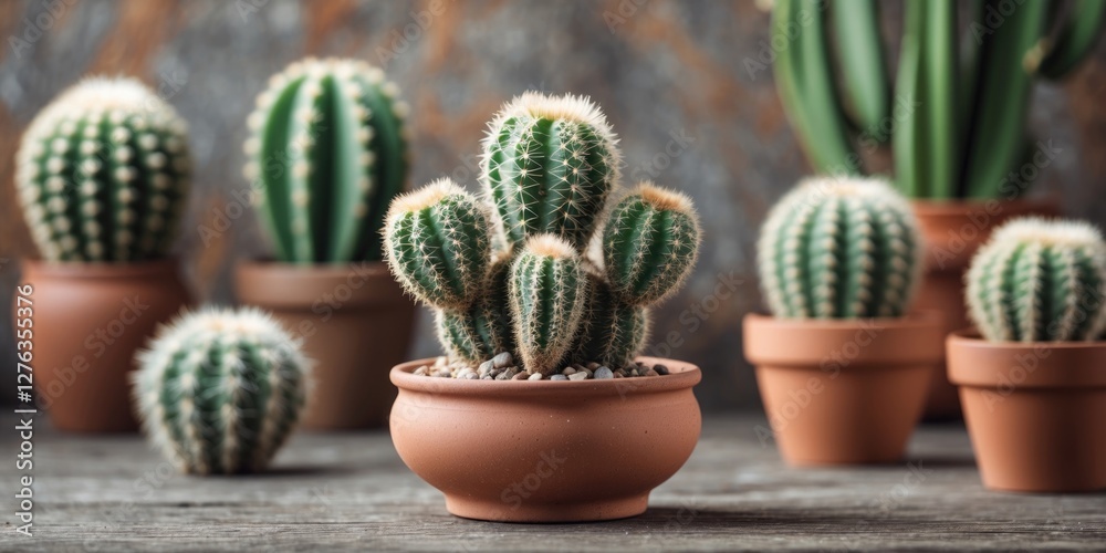 Fototapeta premium cacti arrangement in terracotta pots on wooden surface with blurred background of additional cacti plants indoors