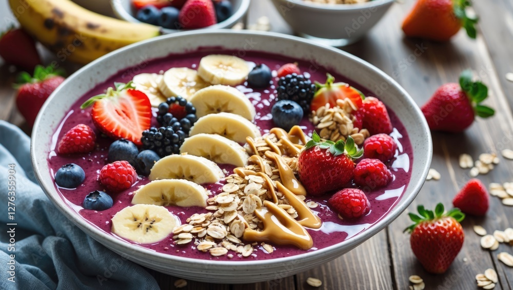Berry smoothie bowl topped with banana slices, fresh strawberries, blueberries, granola, and peanut butter on a wooden table. Berry smoothie bowl topped with banana slices, fresh strawberries, blueberries, granola, and peanut butter on a wooden table.