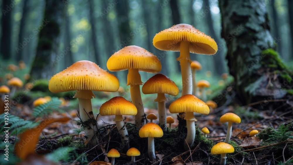 Fototapeta premium Cluster of vibrant yellow mushrooms growing on forest floor surrounded by greenery and trees, captured in soft natural lighting