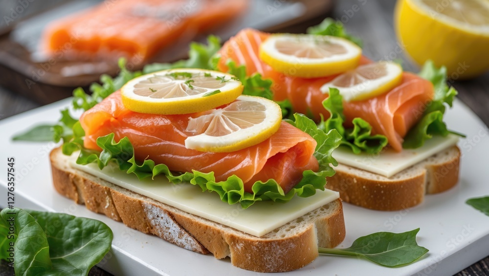 Salmon fillet sandwiches on whole grain bread with lettuce, cheese, lemon slices, and fresh spinach on a wooden table Salmon fillet sandwiches on whole grain bread with lettuce, cheese, lemon slices, and fresh spinach on a wooden table