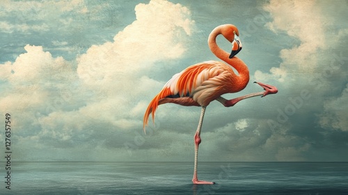 A flamingo doing yoga, striking a pose with its legs and wings contorted in a ridiculous way, trying to find its zen.