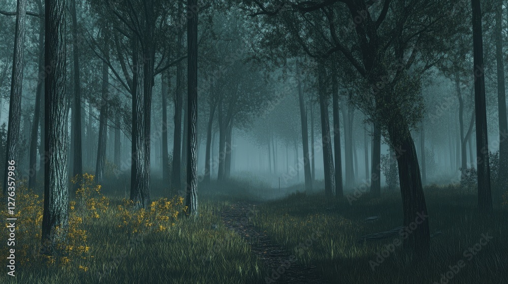 Obraz premium Enchanted Misty Forest Path with Lush Green Foliage and Flowers