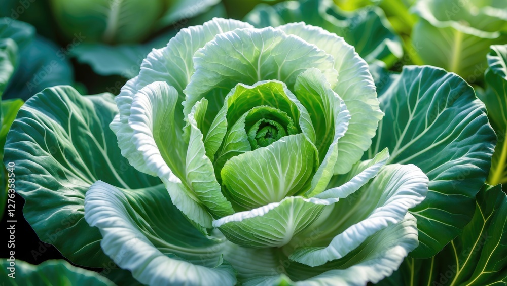 Obraz premium Fresh green cabbage head with tightly curled leaves in natural garden setting, illuminated by soft sunlight, emphasizing texture and detail.