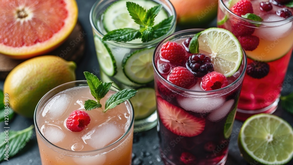 Refreshing summer cocktails with ice, garnished with mint and fruits on a textured surface with citrus fruits in the background