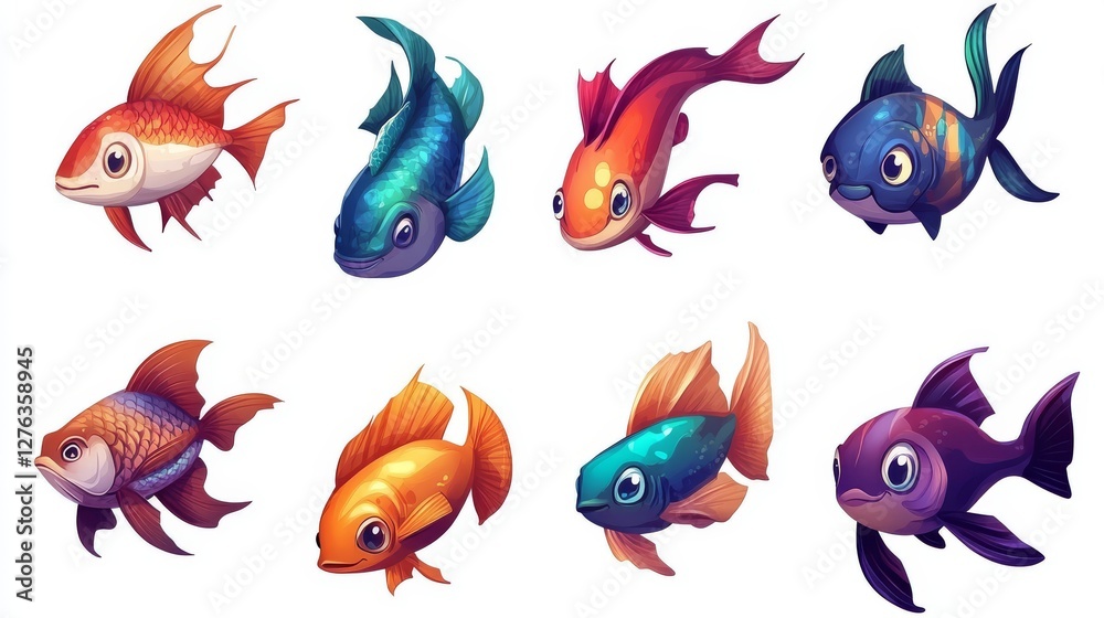 Fototapeta premium A set of icons for games. Sea fish. Illustration isolated on a white background