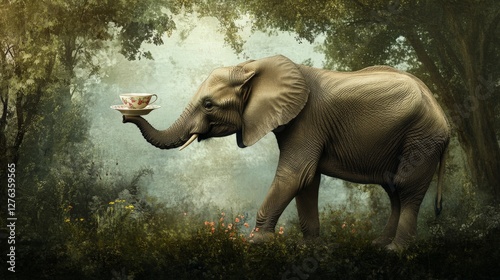 A giant elephant balancing a tiny teacup on its trunk, with extreme concentration as if it in a delicate tea party.