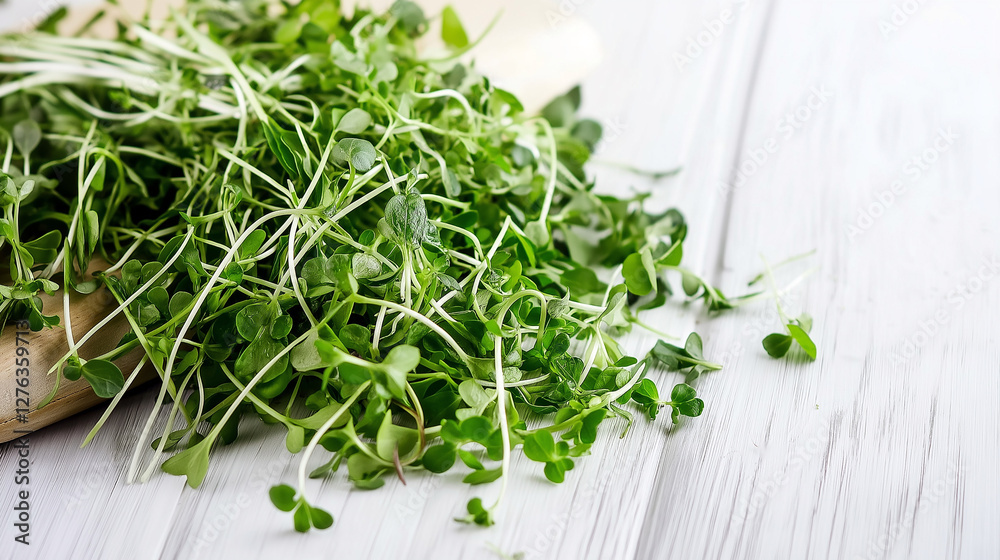 A pile of fresh green microgreens rests on a white wooden surface, showcasing their vibrant color and delicate texture, perfect for healthy eating and organic nutrition concepts A pile of fresh green microgreens rests on a white wooden surface, showcasing their vibrant color and delicate texture, perfect for healthy eating and organic nutrition concepts