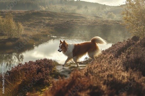 Dog walking by a lake in heathland at sunrise. Possible use as nature, pet, or travel image