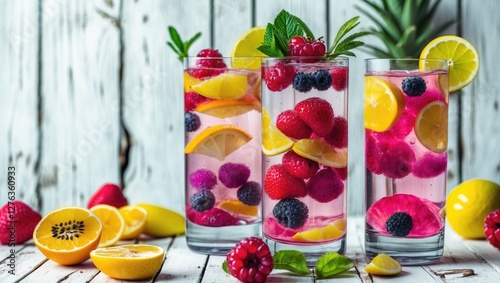 Three glasses of colorful fruit-infused drinks with raspberries, lemons, and mint on a wooden background with fresh berries scattered around. photo