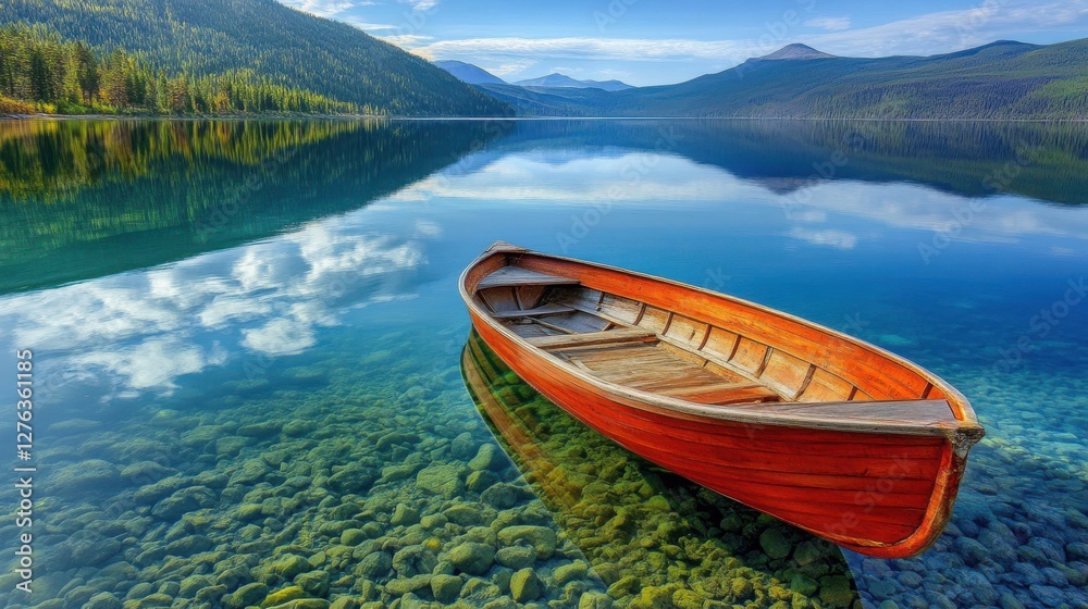 Fototapeta premium Serene Wooden Boat Moored on Clear Tranquil Lake Under Blue Sky